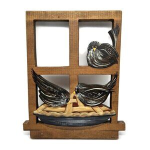 Hand Painted Wooden Window with Pie and Birds, Wall Hanging, Signed